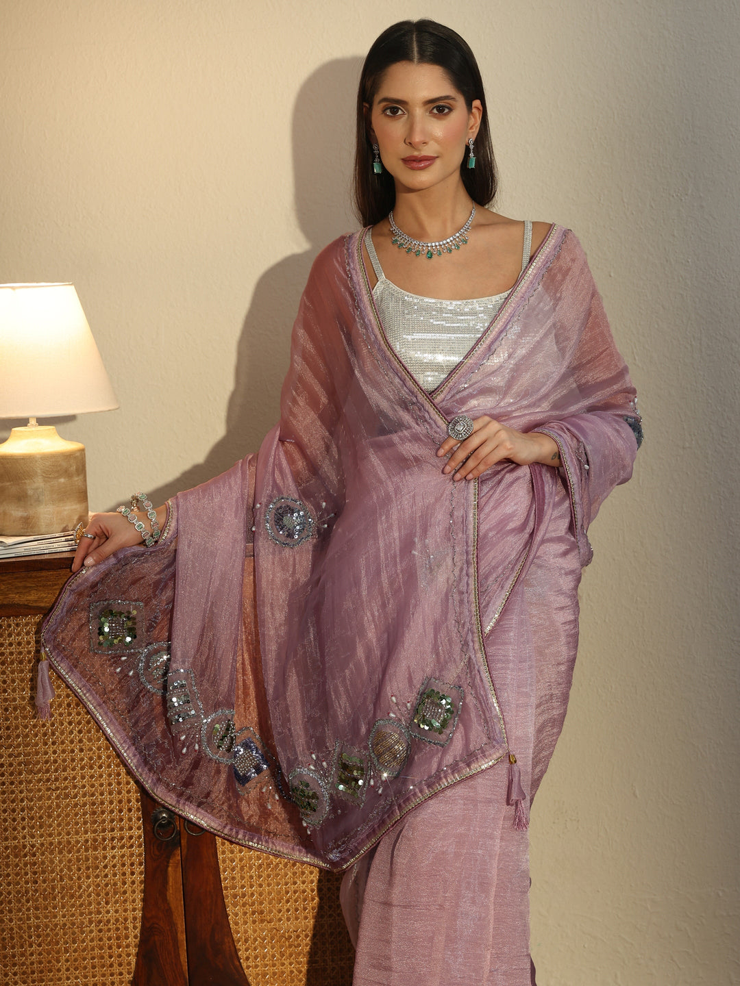 Libas Lavender Tissue Saree with Applique Design