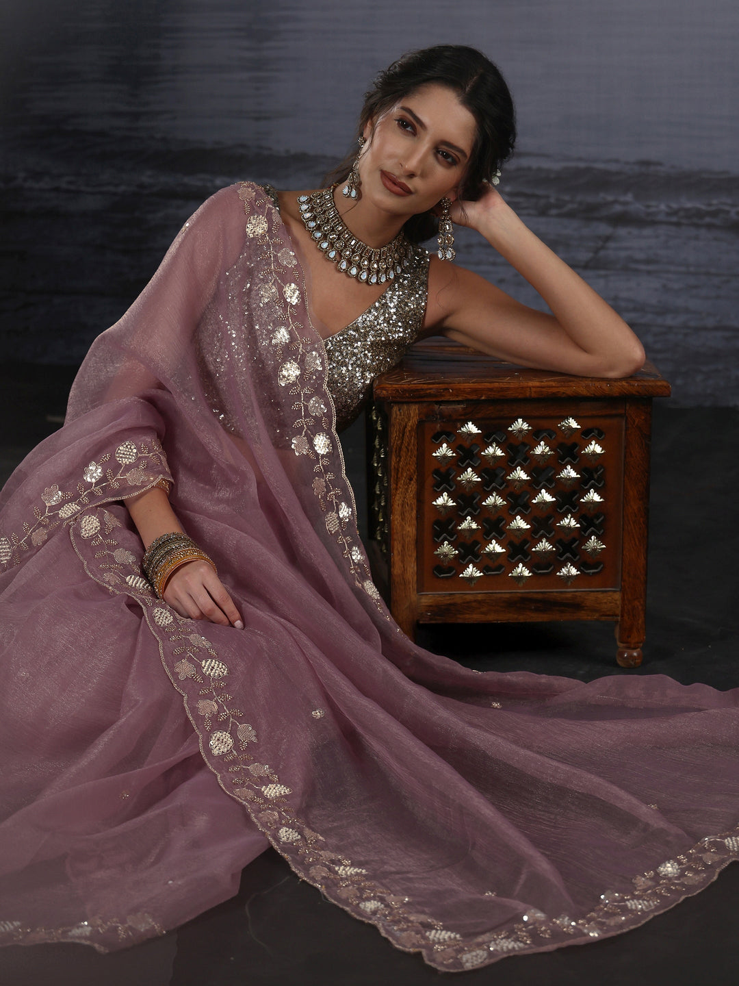  Libas Lavender Tissue Saree with Embellished Border 