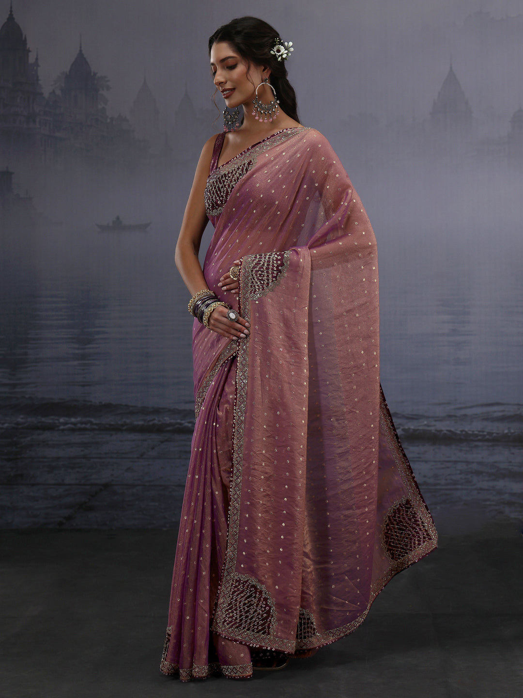 Libas Lavender Woven Design Tissue Saree with Applique Work