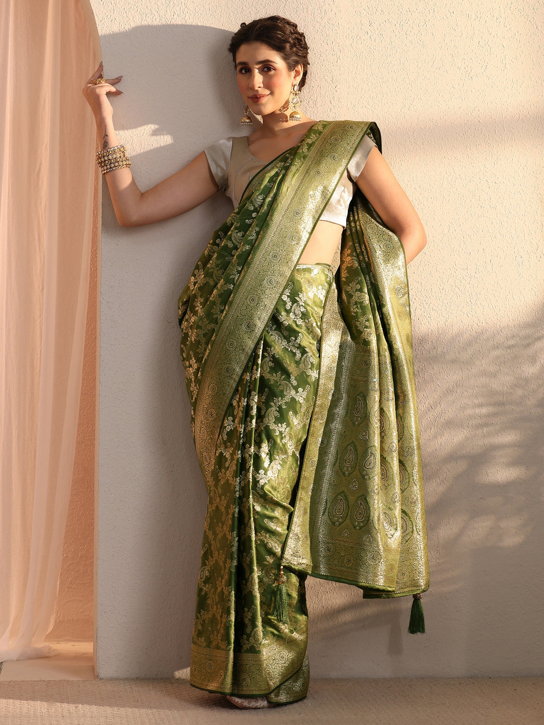  Libas Leaf Green Banarasi Silk Blend Saree 