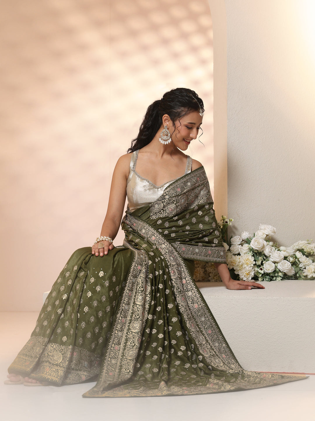  Libas Leaf Green Embellished Satin Saree with Ethnic Motifs 