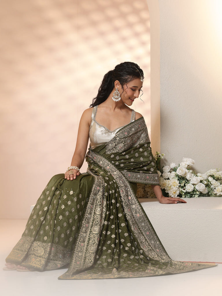 Libas Leaf Green Embellished Satin Saree with Ethnic Motifs
