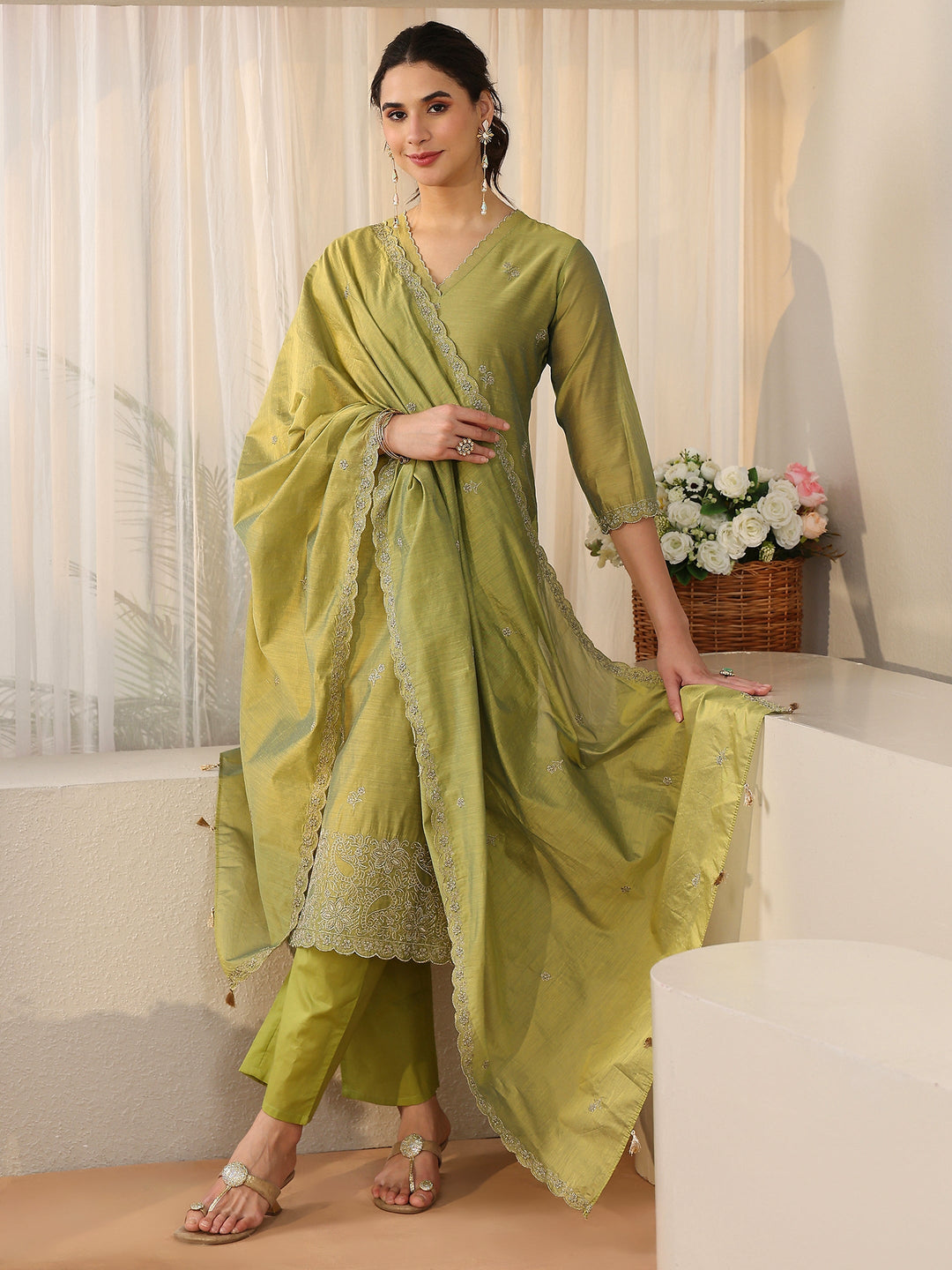  Libas Leaf Green Floral Embellished Chanderi Silk Straight Suit Set 