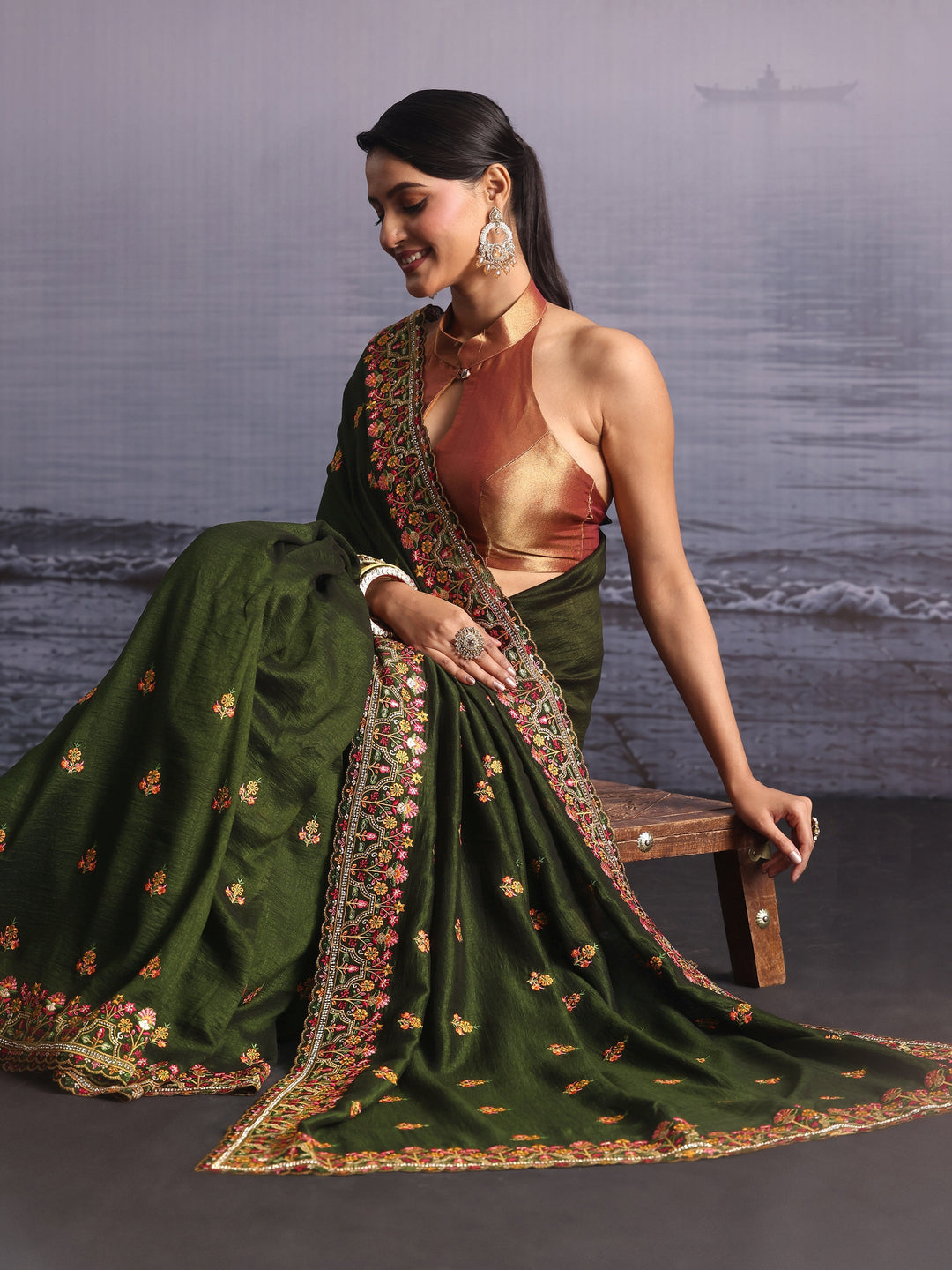  Libas Leaf Green Floral Embroidered Silk Blend Saree 