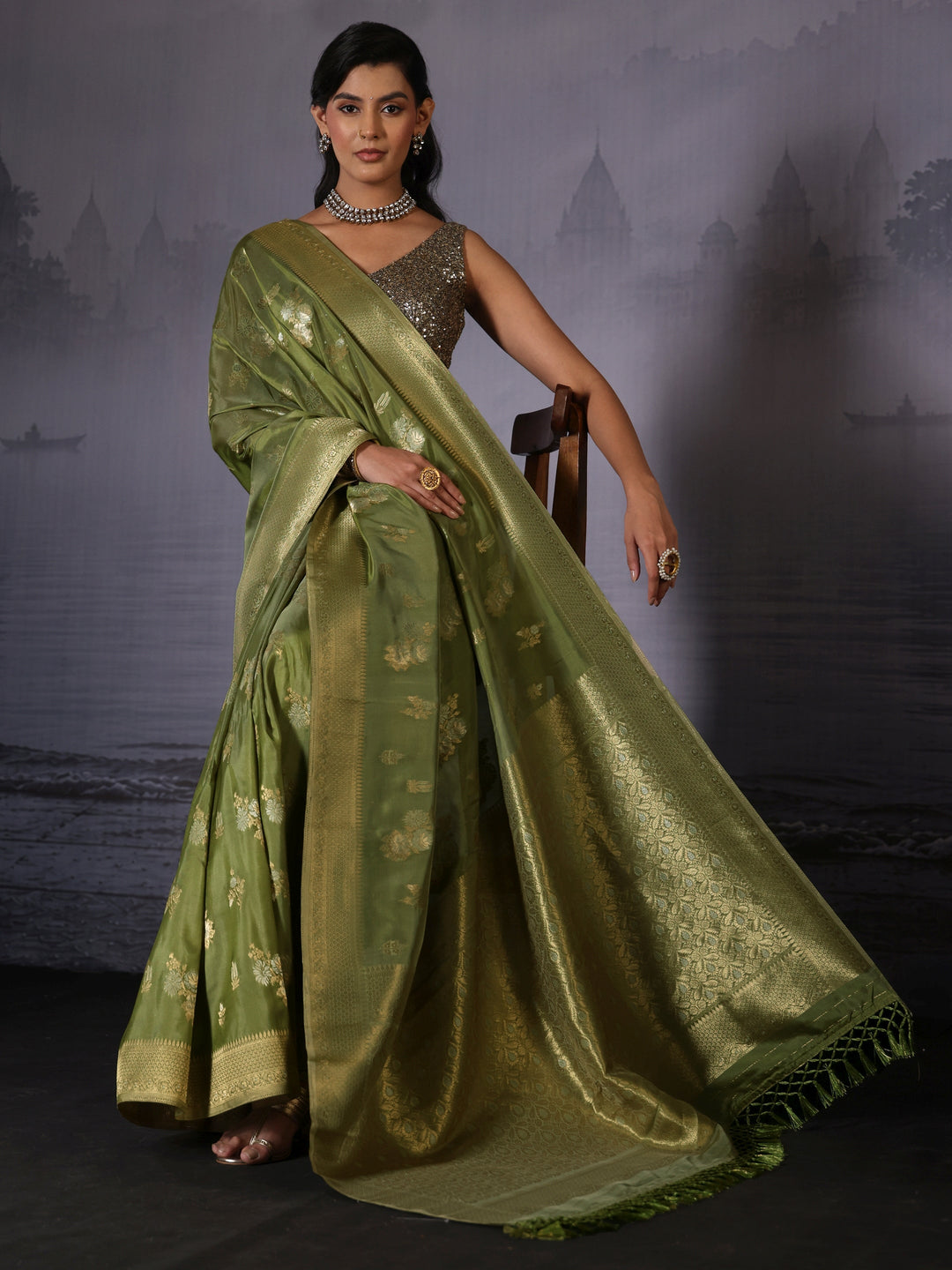  Libas Leaf Green Floral Woven Design Silk Blend Saree 