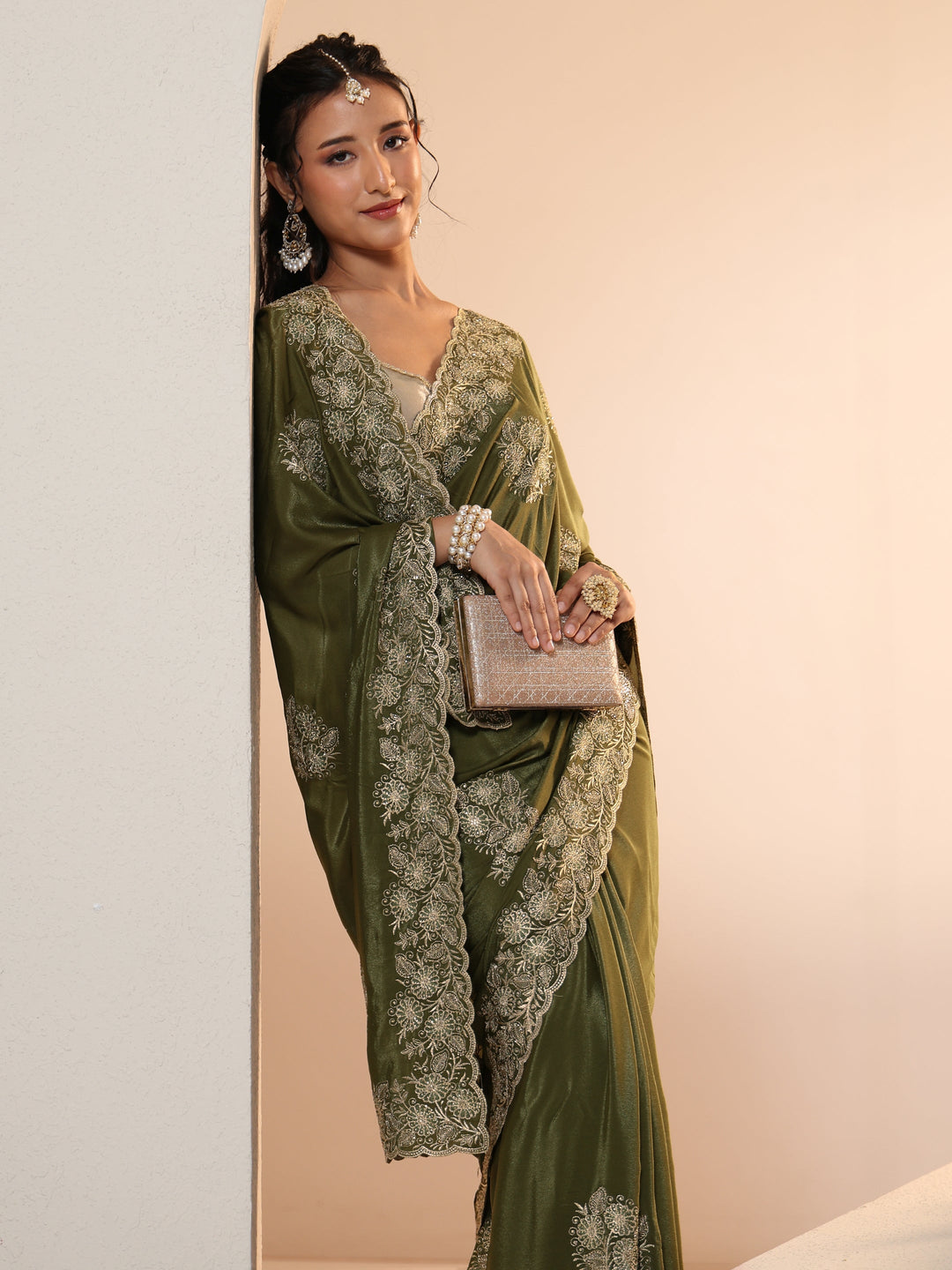 Libas Leaf Green Satin Saree with Embroidered Floral Motifs 