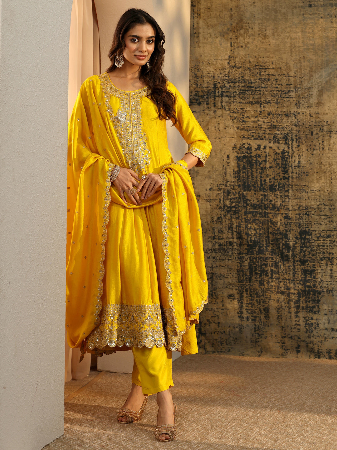  Libas Lemon Yellow  Embellished Silk Blend Anarkali Suit Set 