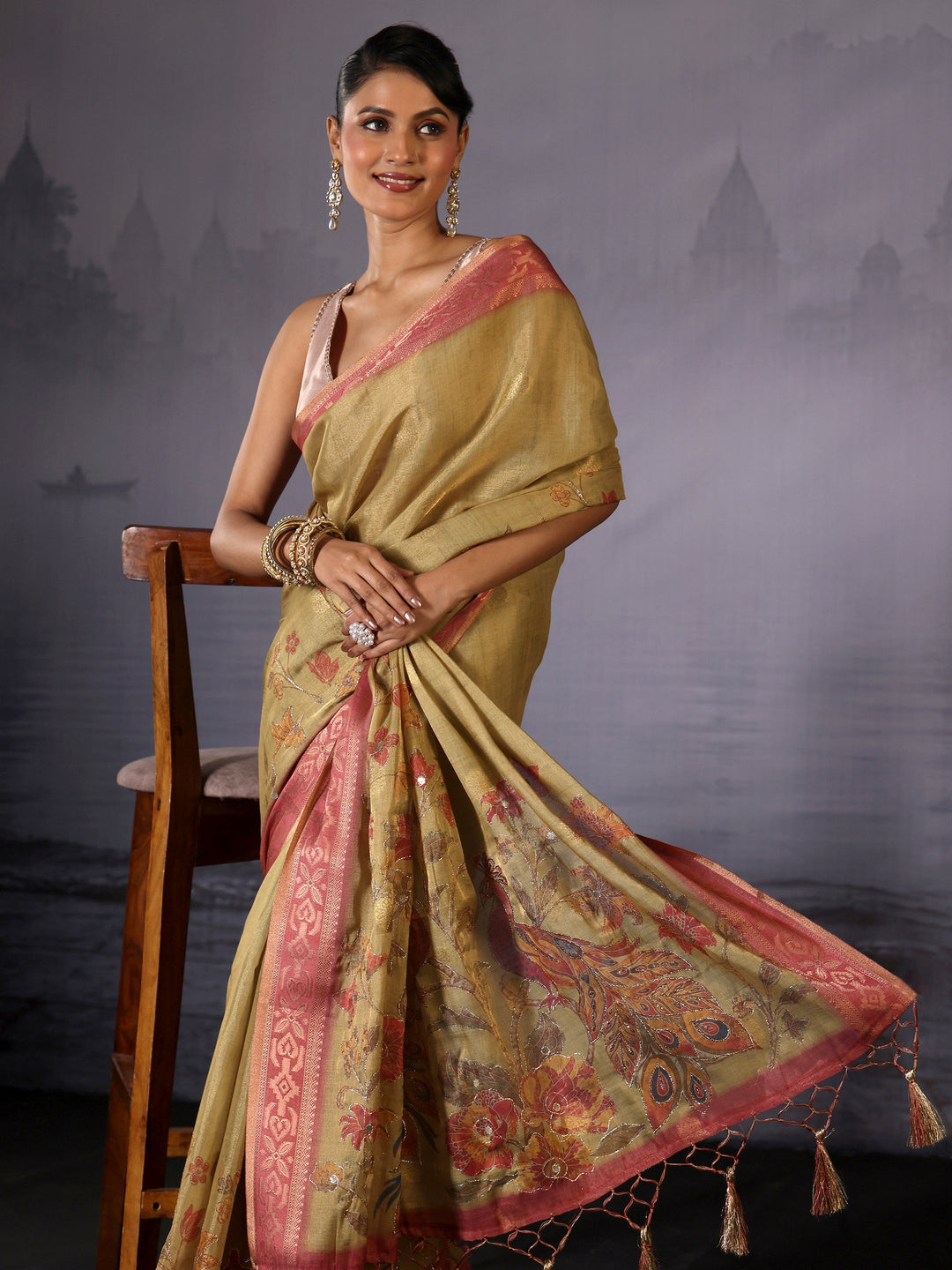 Libas Light Green Floral Printed Silk Blend Tassel Saree