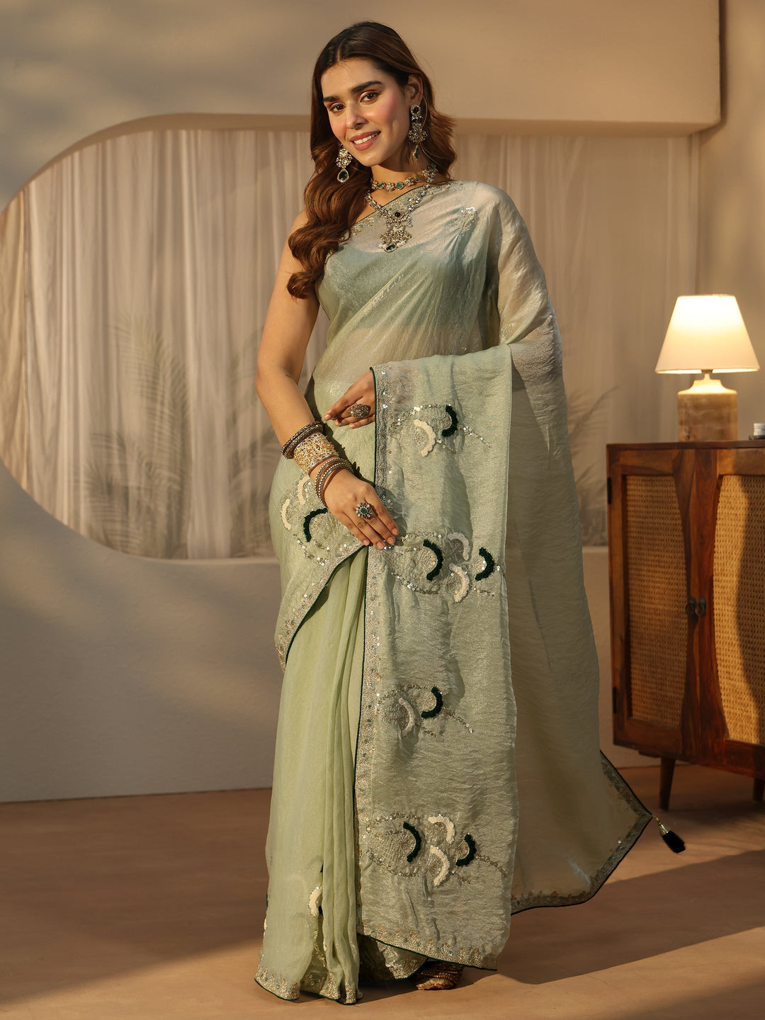  Libas Light Green Sequin Embellished Tissue Saree 
