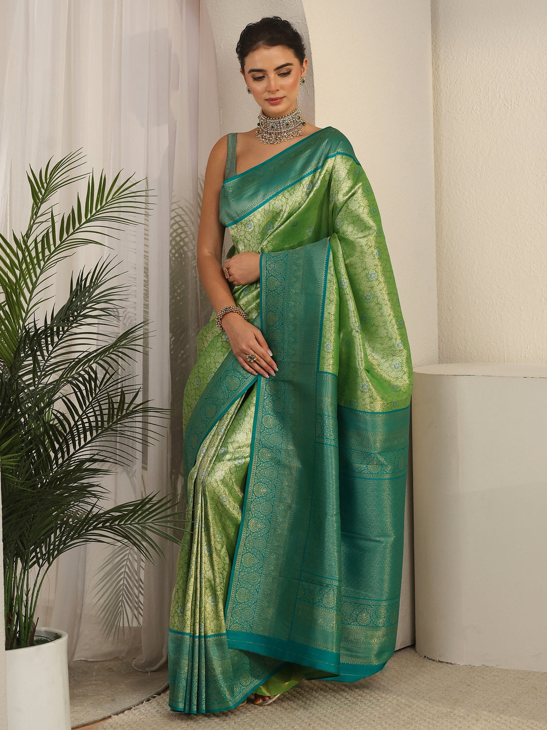 Libas Light Green and Dark Green Floral Woven Design Silk Blend Saree