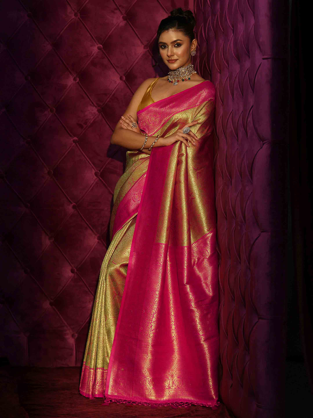 Libas Light Green and Pink Banarasi Silk Blend Saree