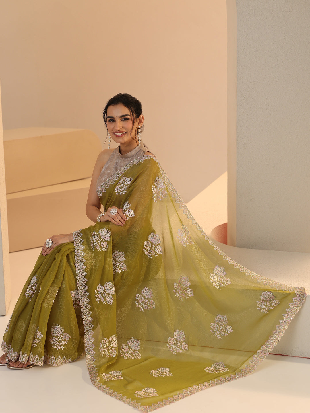  Libas Light Henna Green Floral Embroidered Chiffon Saree 