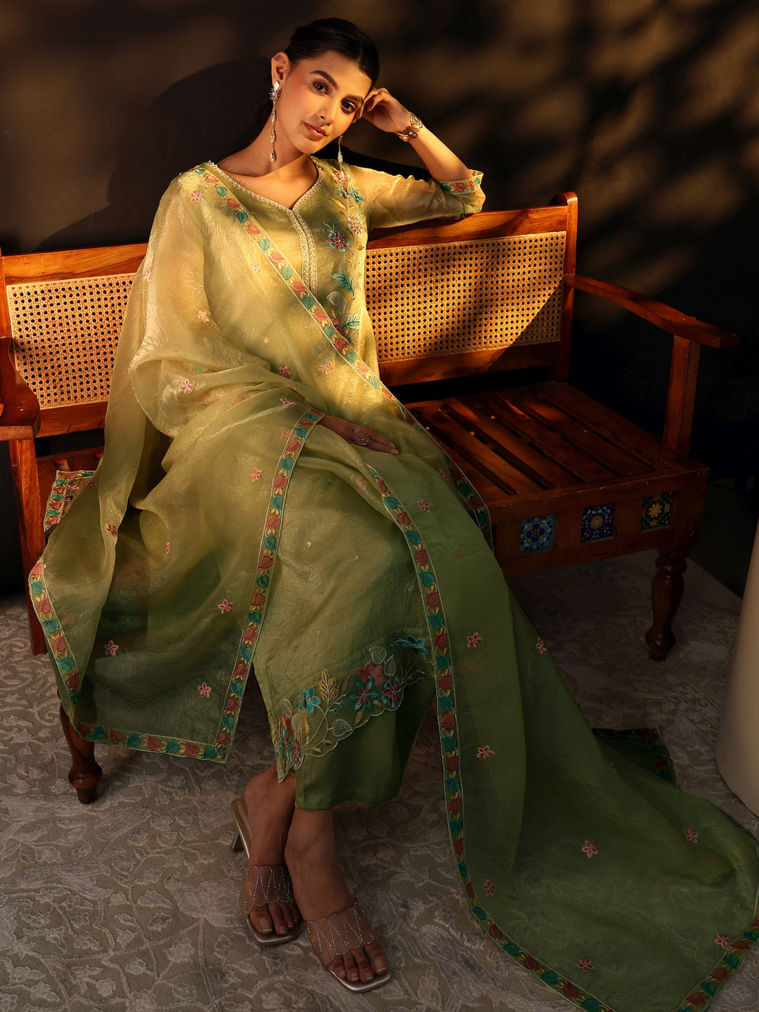  Libas Light Olive Ethnic Embroidered Organza Straight Suit Set 