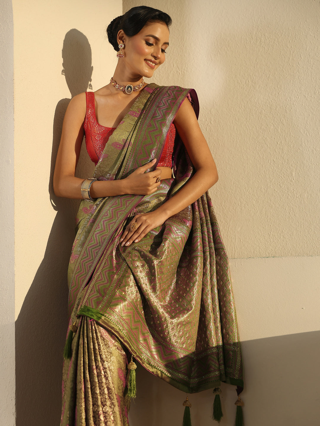 Libas Light Olive Green Woven Design Silk Blend Saree with Stone Work