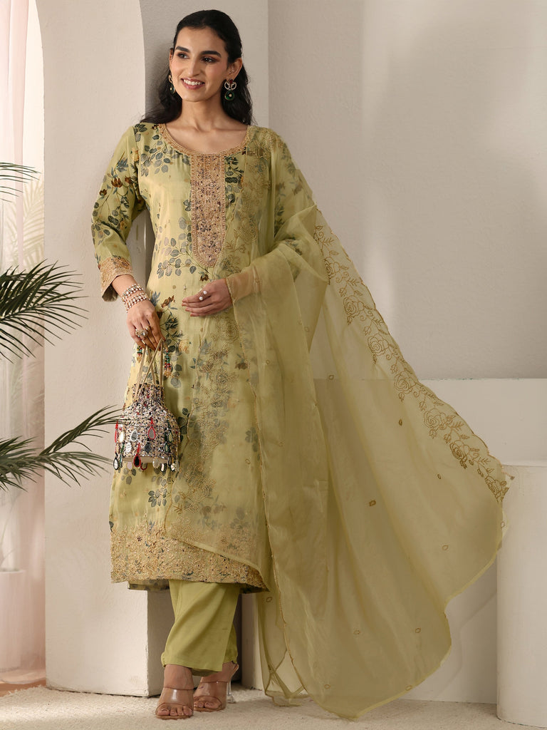 Libas Light Sage Green Floral Printed Silk Blend Straight Suit Set