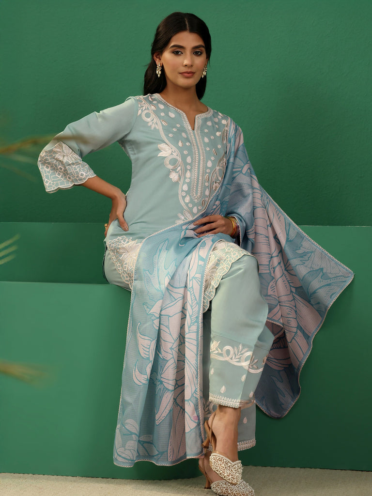 Libas Light Sea Green Floral Embroidered Silk Blend Farshi Suit Set