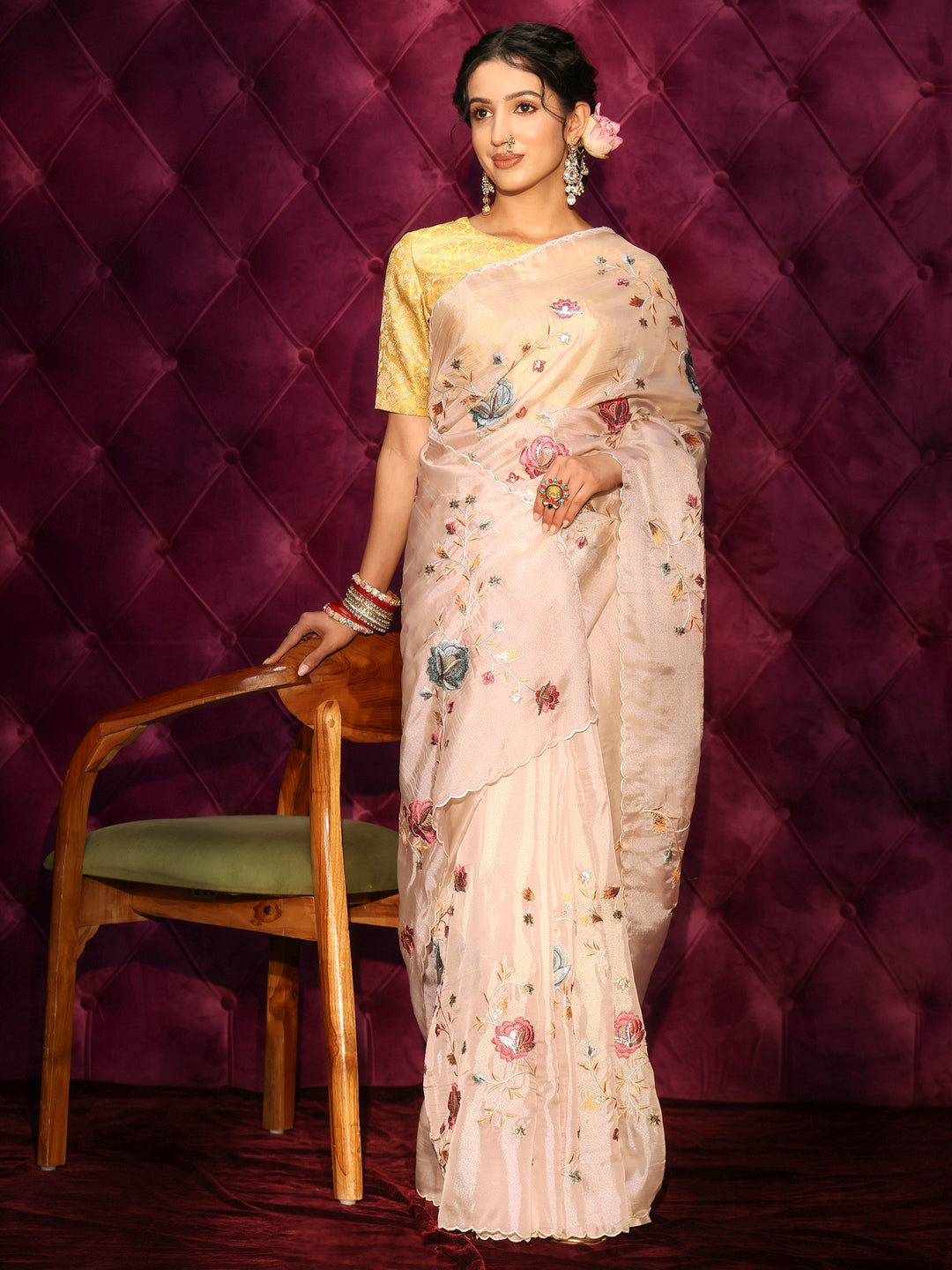  Libas Light Taupe Floral Embroidered Tissue Saree 