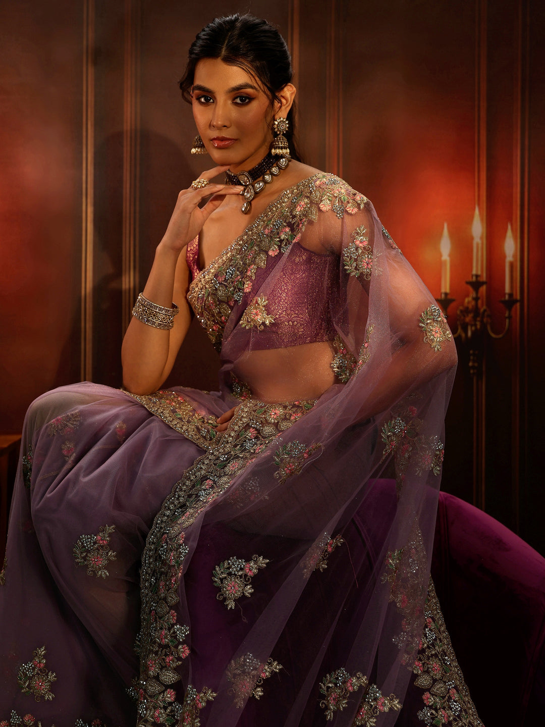  Libas Lilac Floral Embroidered Net Saree 