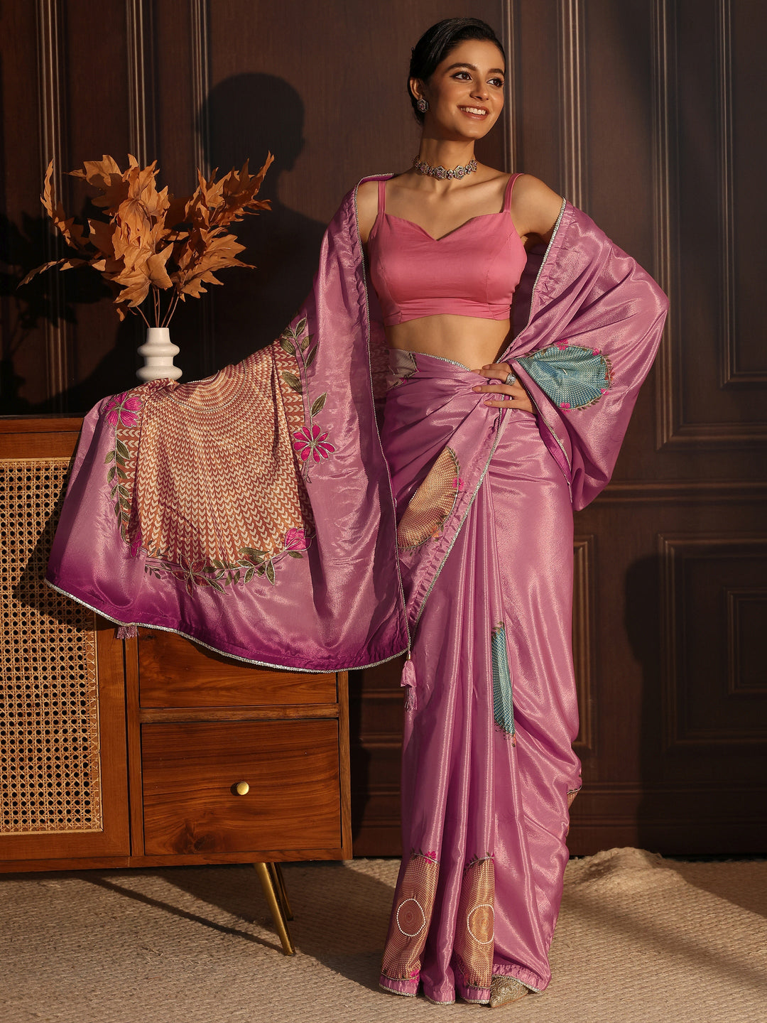 Libas Lilac Floral Printed Silk Blend Saree