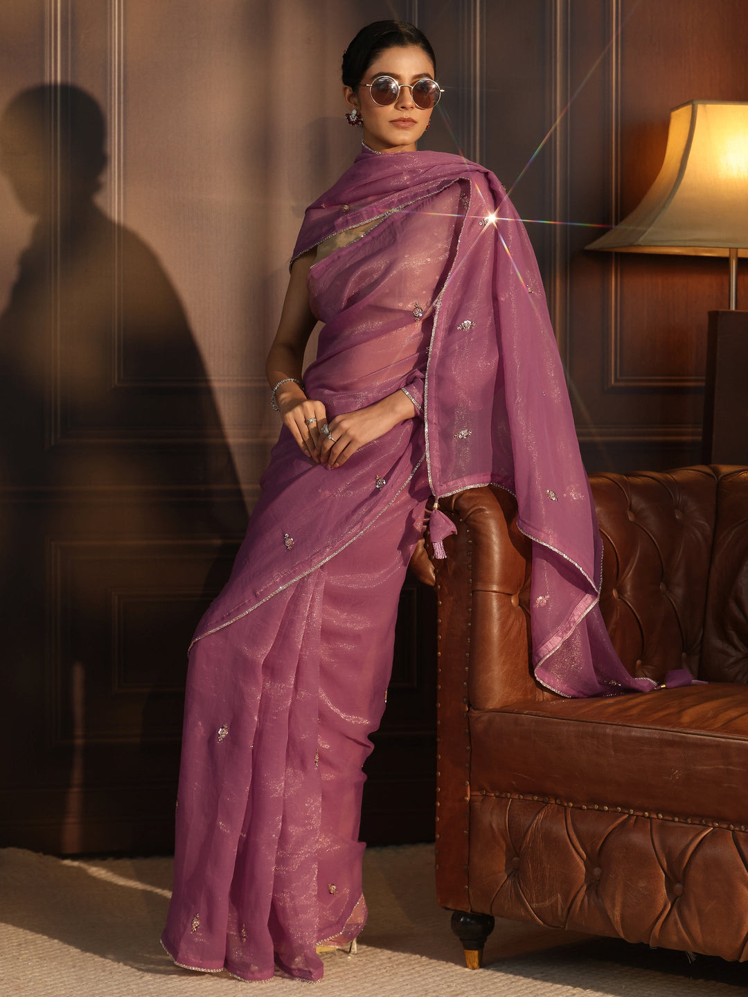 Libas Lilac Sequin Embellished Tissue Saree