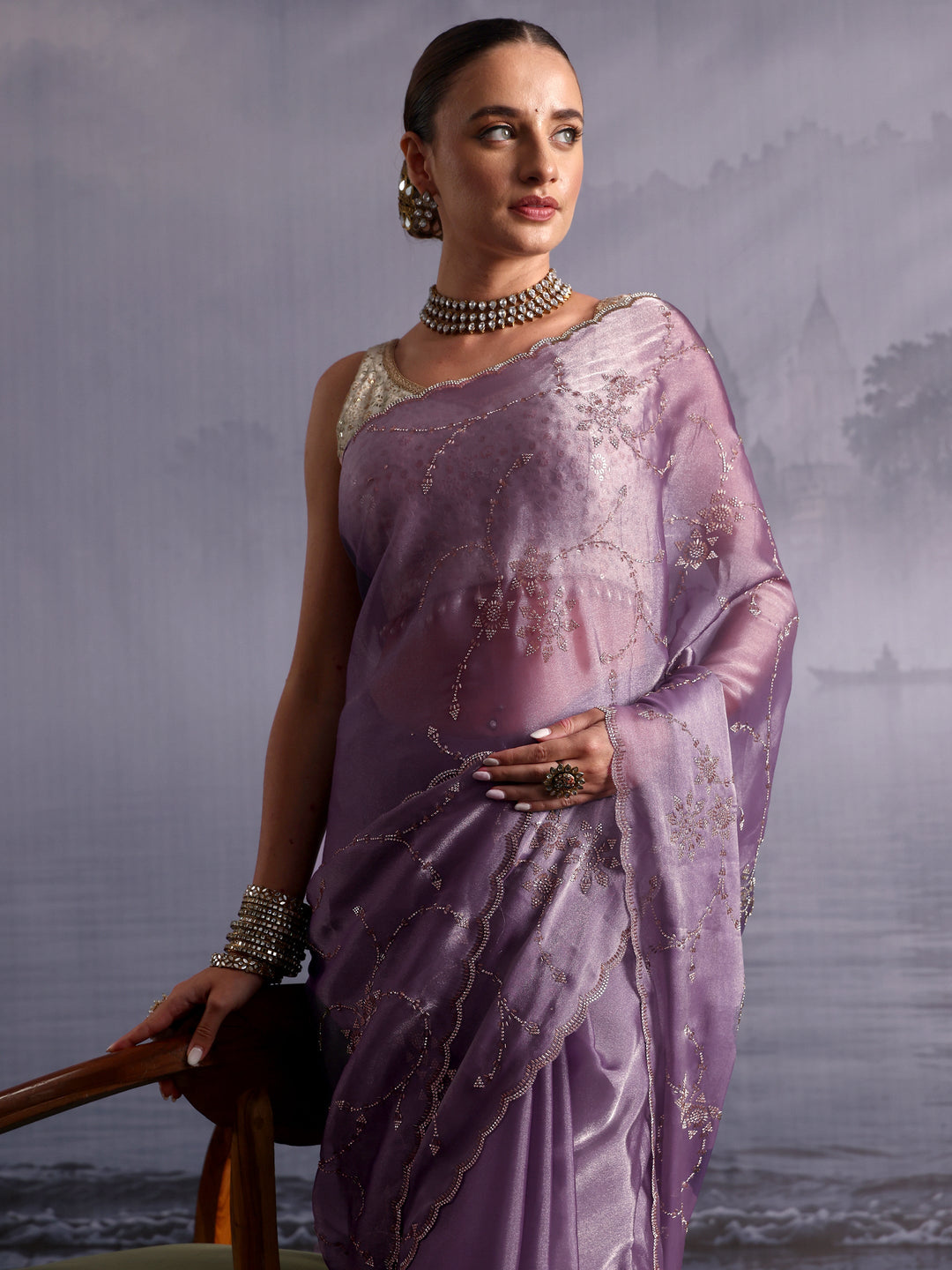  Libas Lilac Stone Work Embellished Tissue Saree with Scalloped Border 