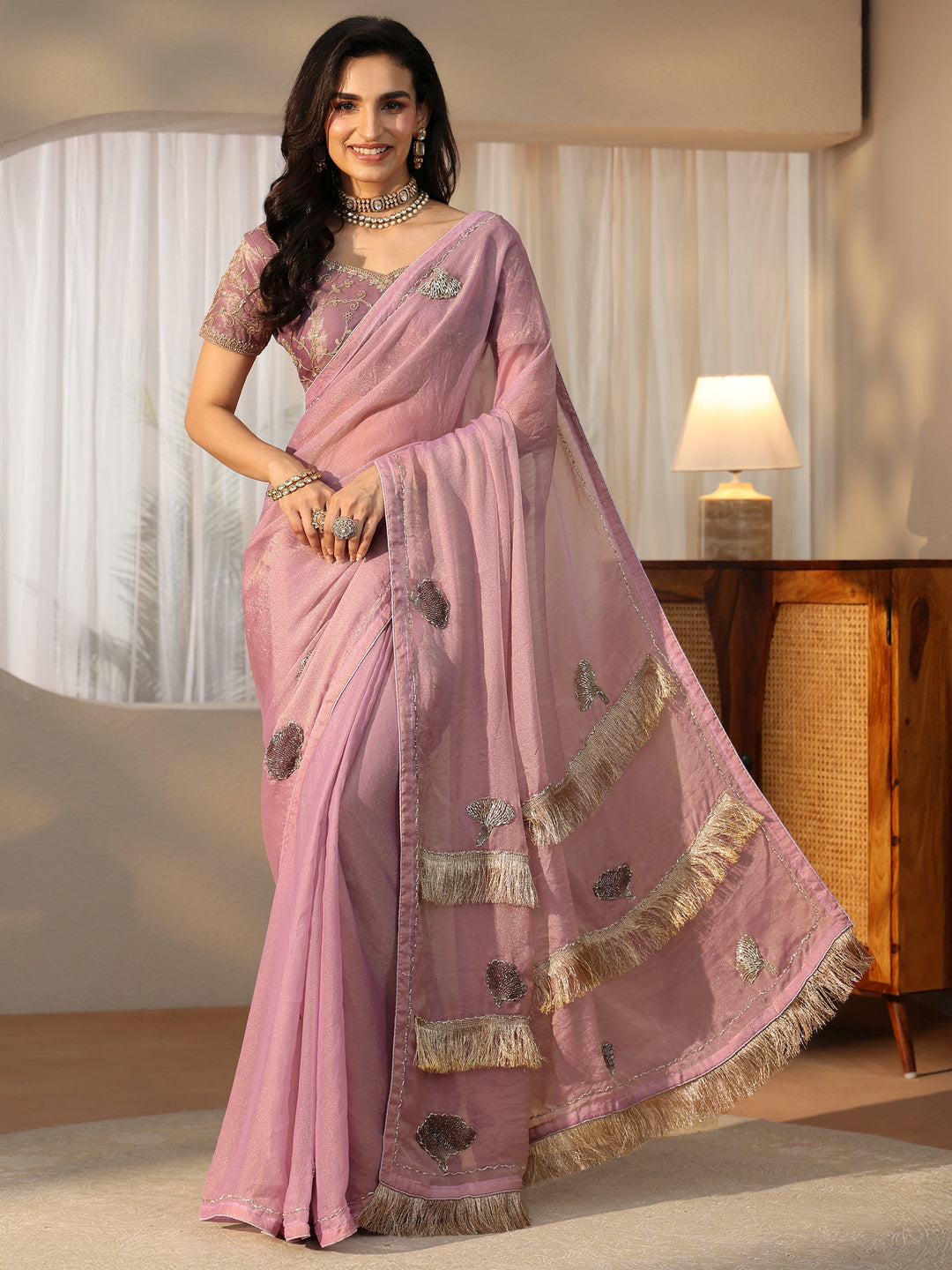  Libas Lilac Tissue Saree with Tassel Embellished Pallu 