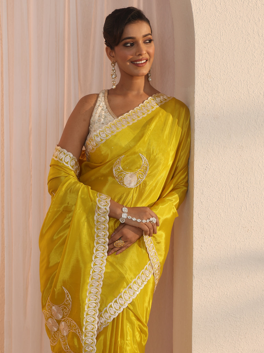  Libas Lime Green Ethnic Embroidered Satin Saree 