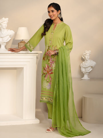 Libas Lime Green Floral Embroidered Cotton Straight Suit Set