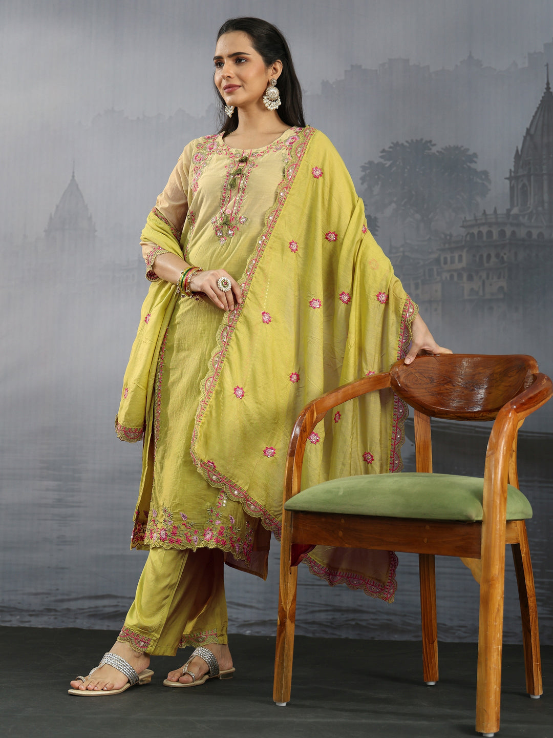 Libas Lime Green Floral Embroidered Silk Blend Straight Suit Set