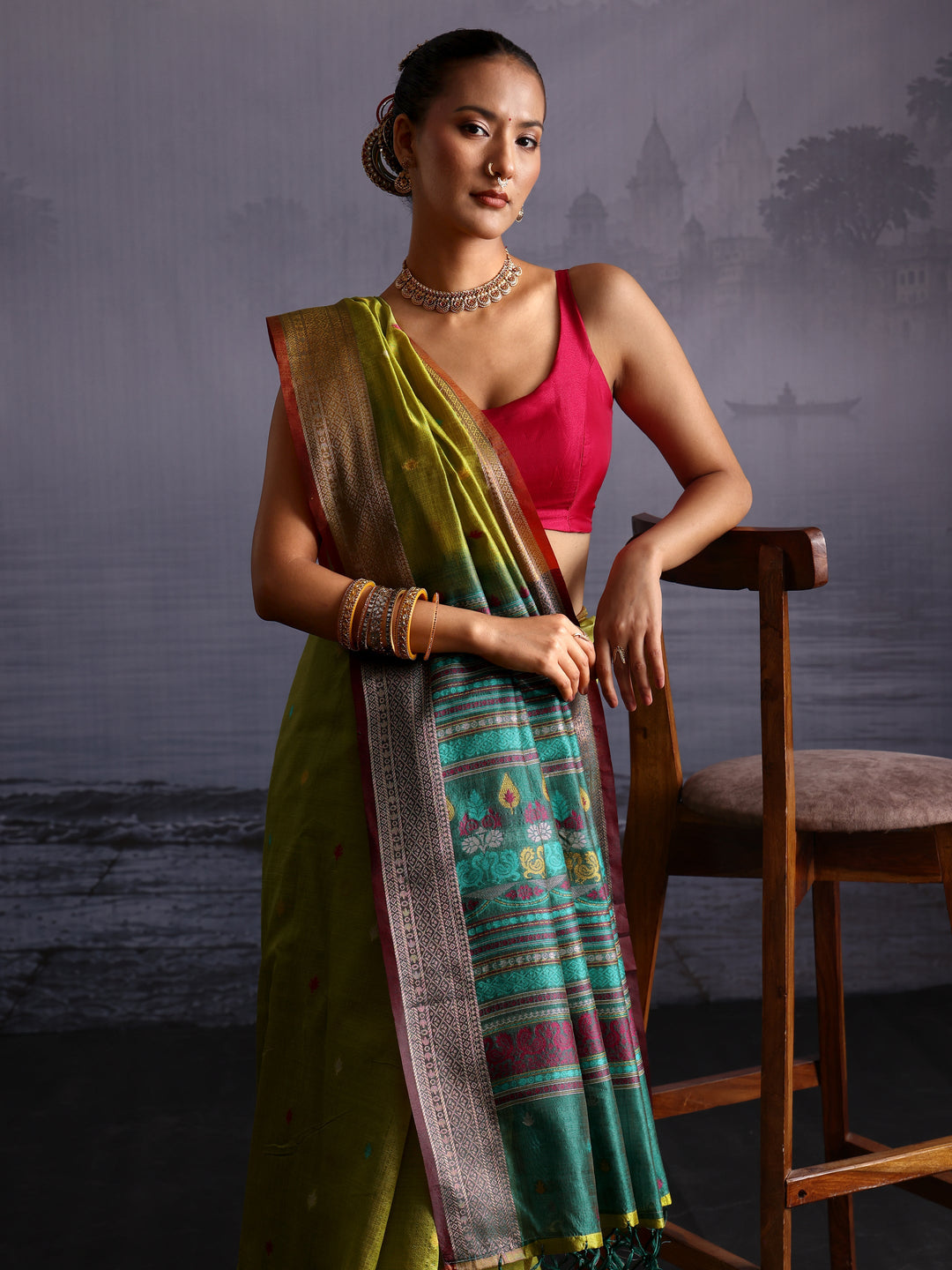 Libas Lime Green Jacquard Woven Design Silk Blend Saree
