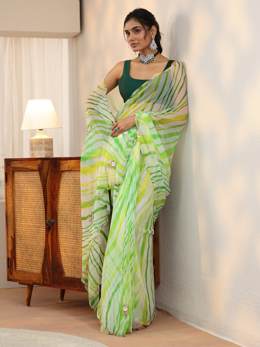  Libas Lime Green Leheriya Printed Chiffon Saree 