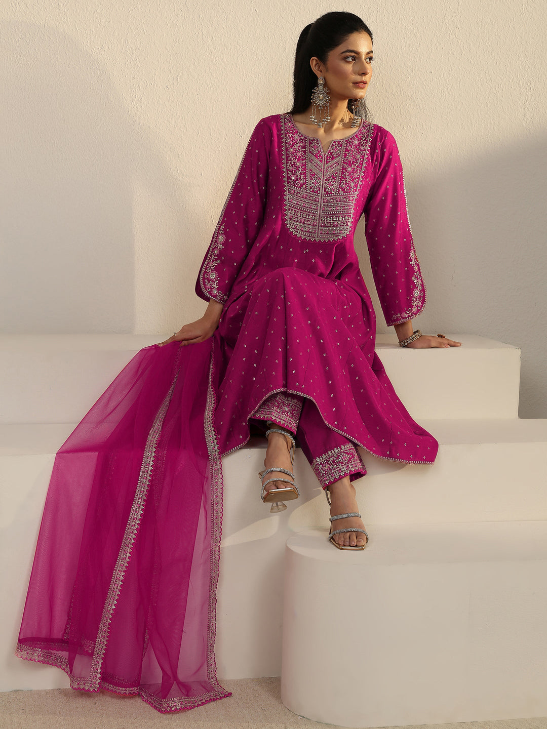  Libas Magenta Pink Floral Embroidered Silk Blend Anarakali Suit Set 
