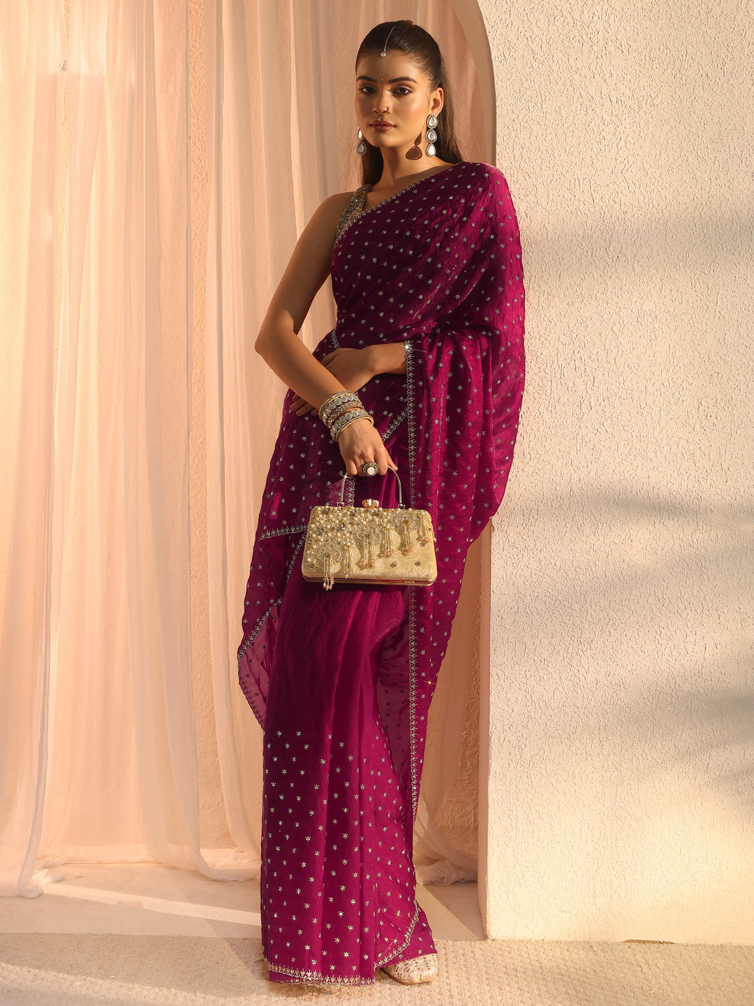  Libas Magenta Pink Stone Work Embellished Tissue Saree 