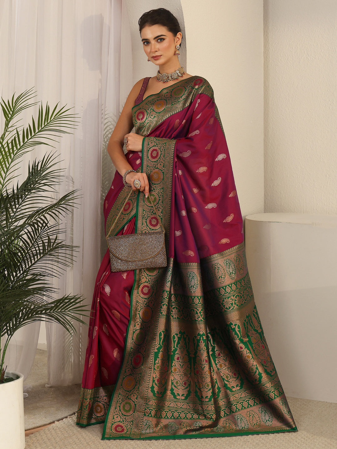 Libas Magenta Pink Woven Design Silk Blend Saree