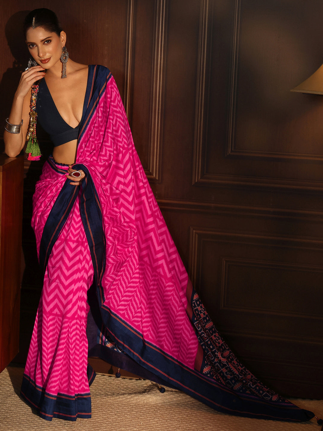 Libas Magenta Pink and Blue Chevron Printed Silk Blend Saree
