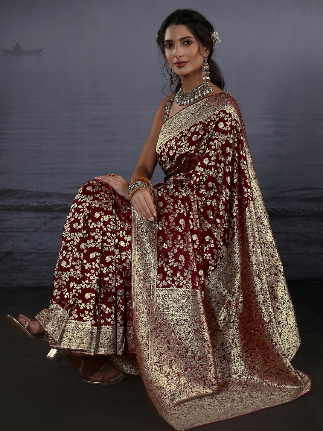  Libas Maroon Banarasi Brocade Saree 