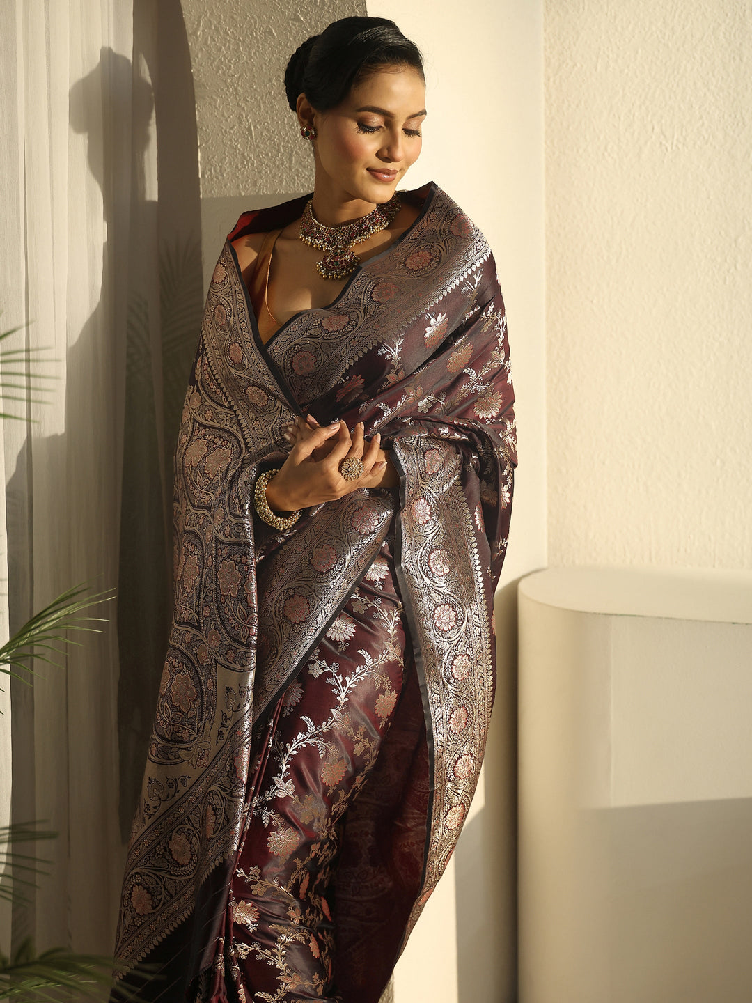 Libas Maroon Banarasi Satin Saree