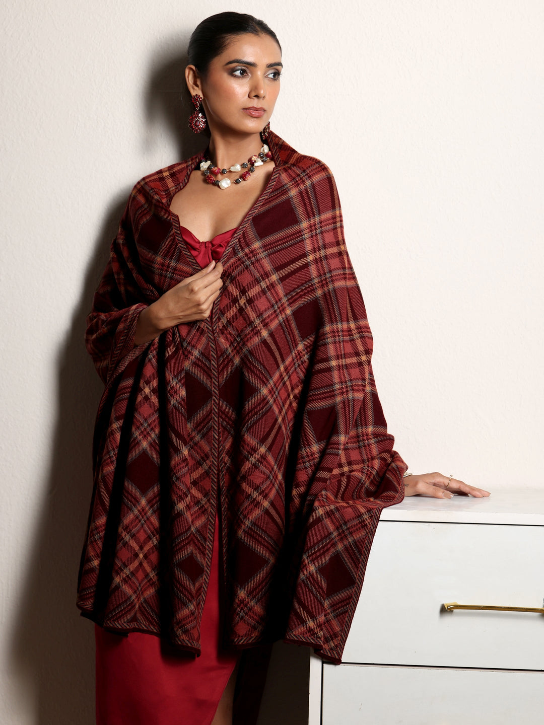  Libas Maroon Checked Knitted Acrylic Shawl 