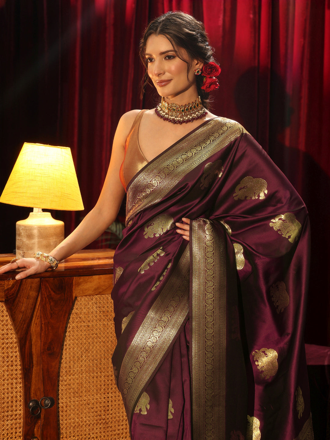 Libas Maroon Elephant Motif Kanjeevaram Silk Blend Saree