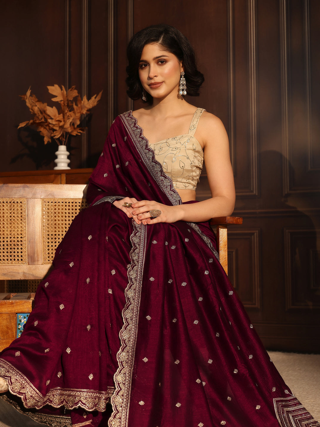 Libas Maroon Embellished Scalloped Border Silk Blend Saree