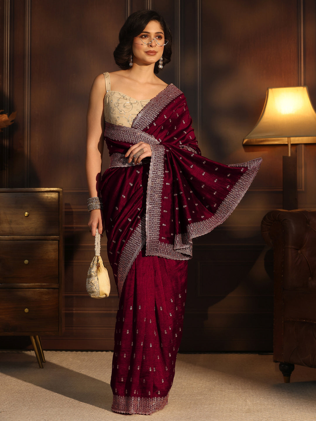 Libas Maroon Embellished Silk Blend Saree