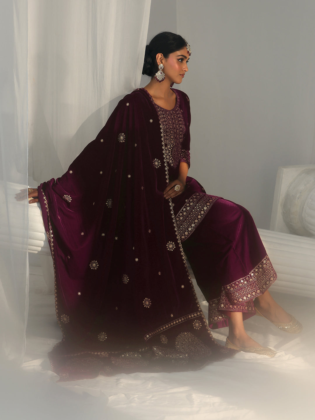  Libas Maroon Embellished Velvet Straight Suit Set 