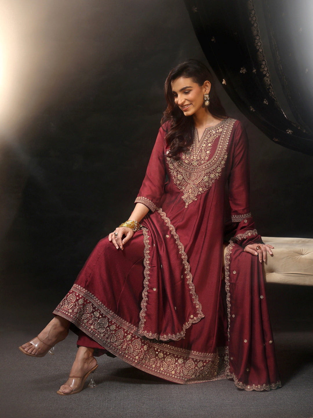  Libas Maroon Embellished Yoke Design Silk Blend Anarkali Suit Set 