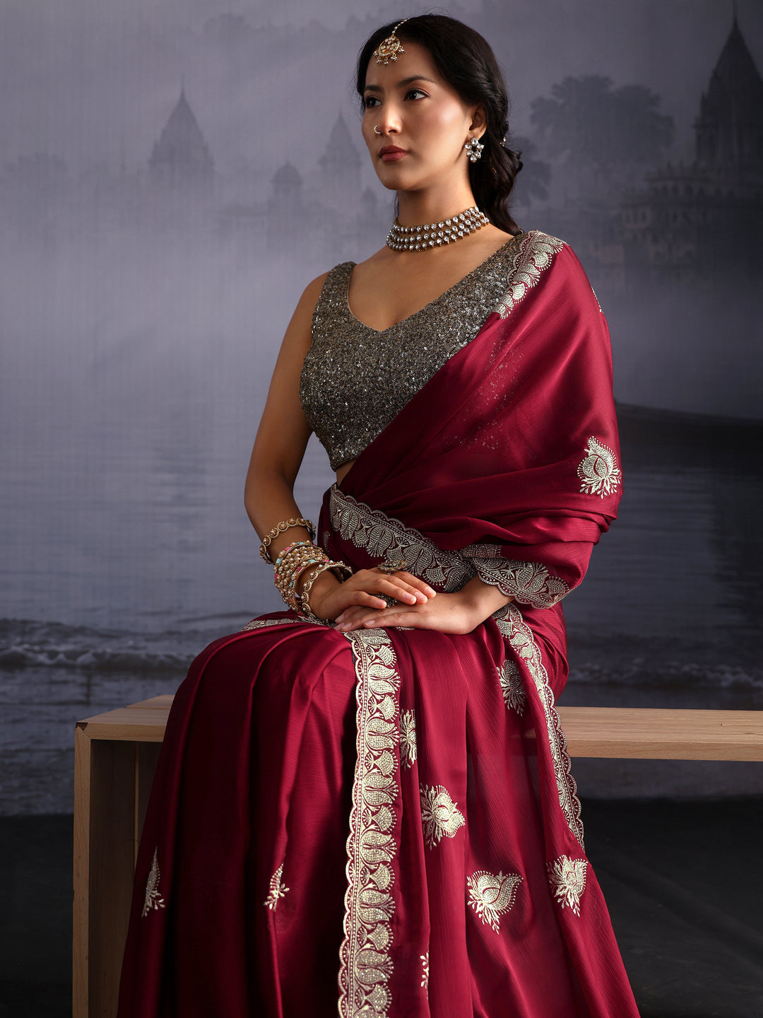  Libas Maroon Embroidered Chiffon Saree with Scalloped Border 