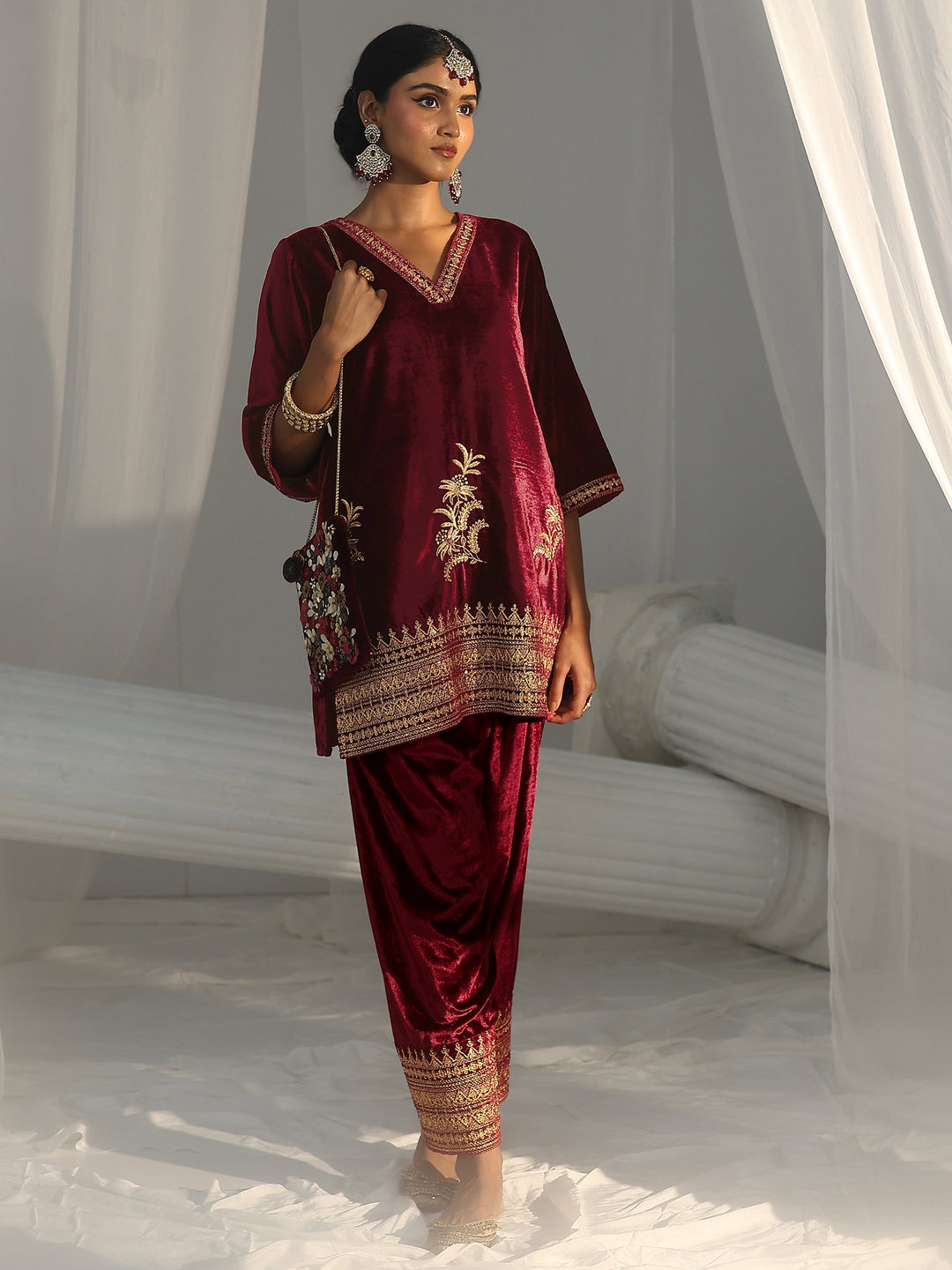  Libas Maroon Embroidered Velvet Co-Ord Set 