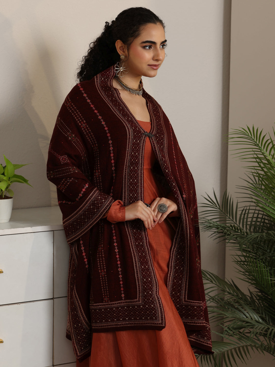  Libas Maroon Ethnic Knitted Acrylic Wrap Shawl 