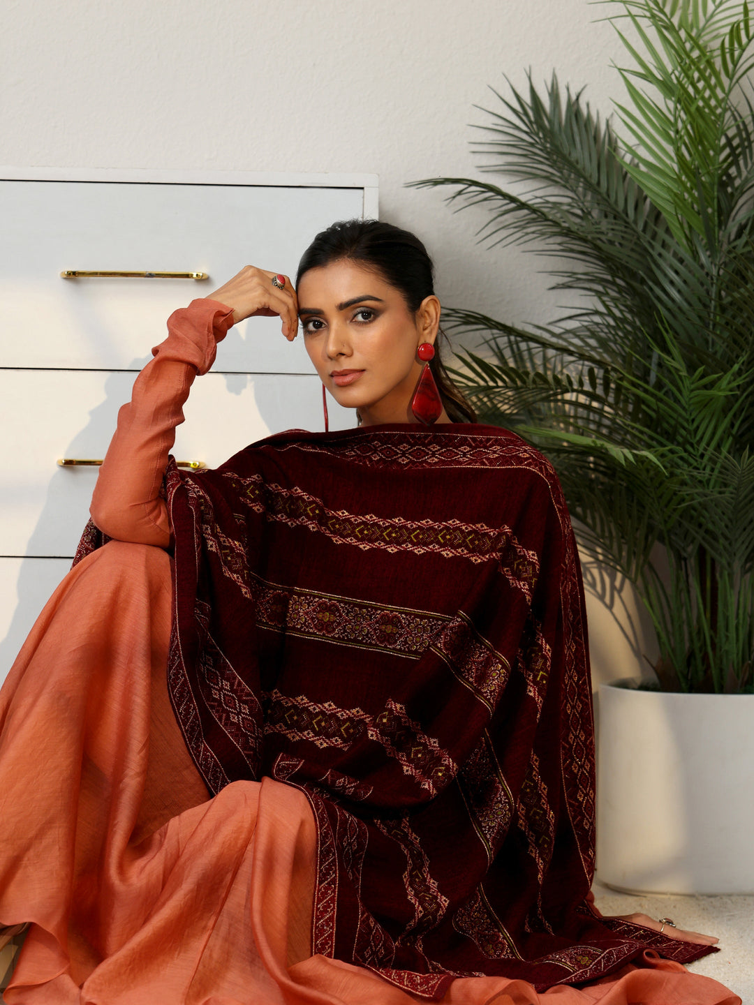  Libas Maroon Ethnic Knitted Acrylic Wrap Shawl 