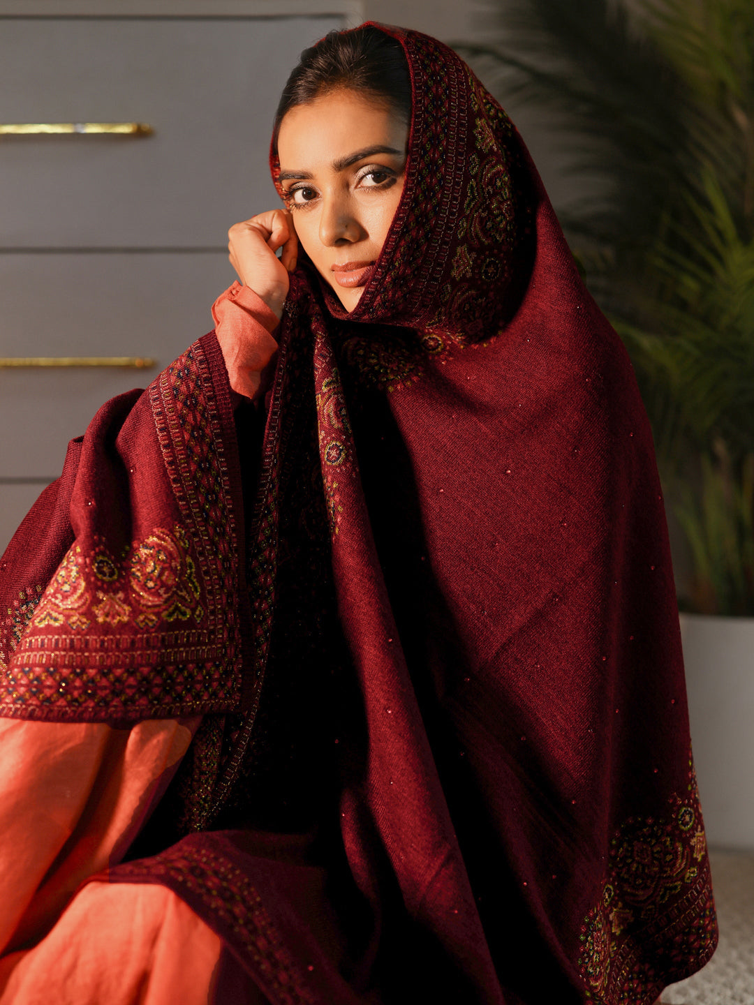 Libas Maroon Ethnic Knitted Acrylic Wrap Shawl