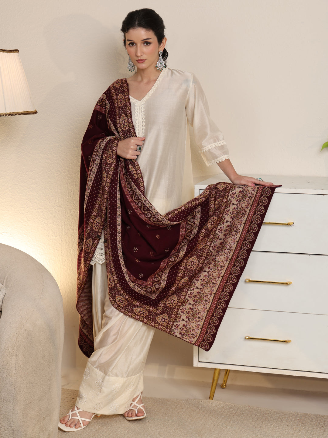  Libas Maroon Ethnic Knitted Acrylic Wrap Shawl 