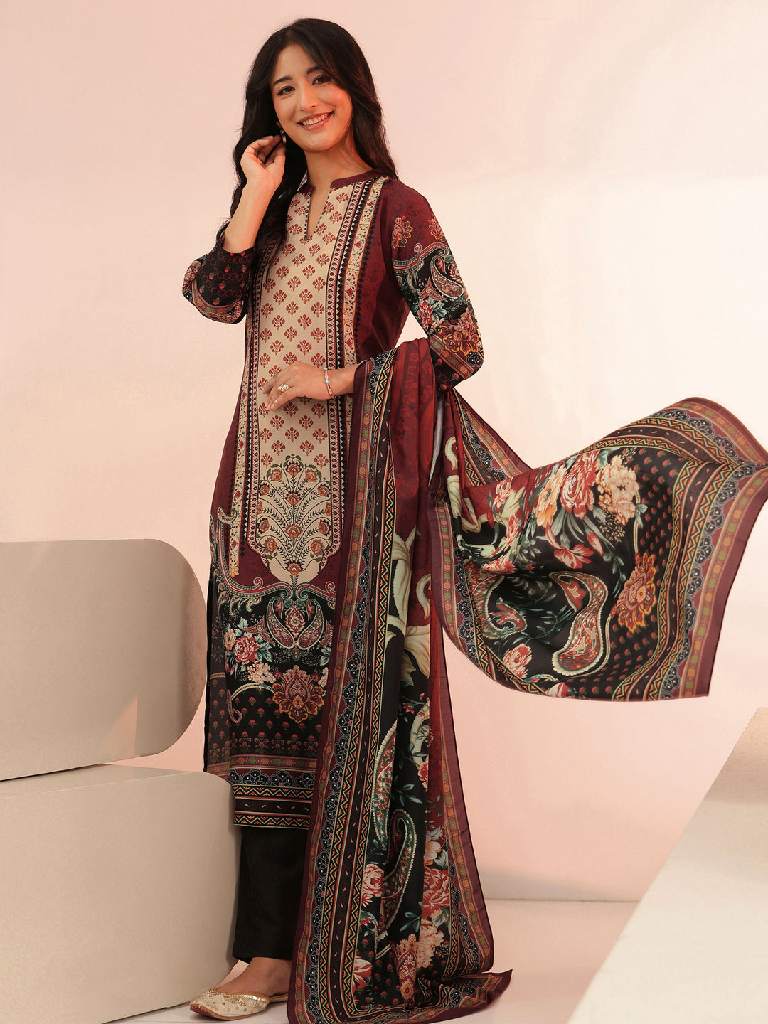  Libas Maroon Ethnic Print Muslin Straight Suit Set 